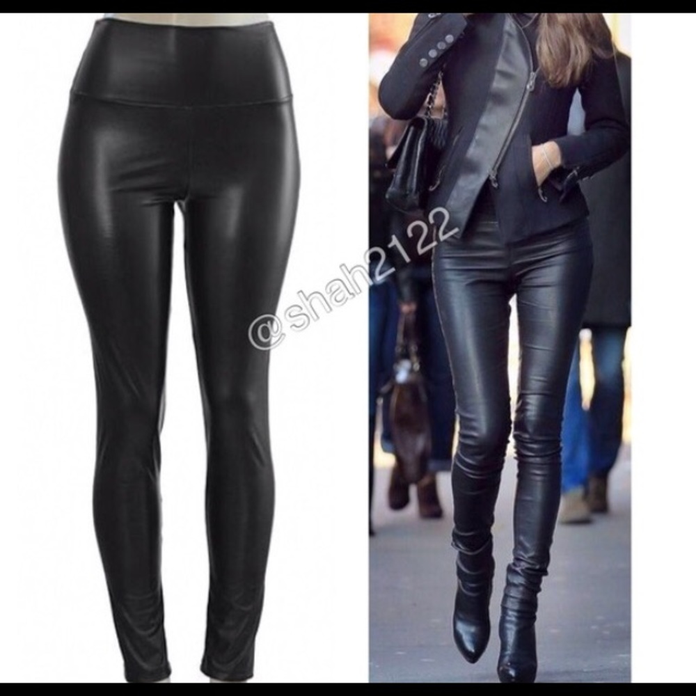 Faux Leather Leggings Pants Black High Waist Tummy Control LINED - Picture 5 of 6